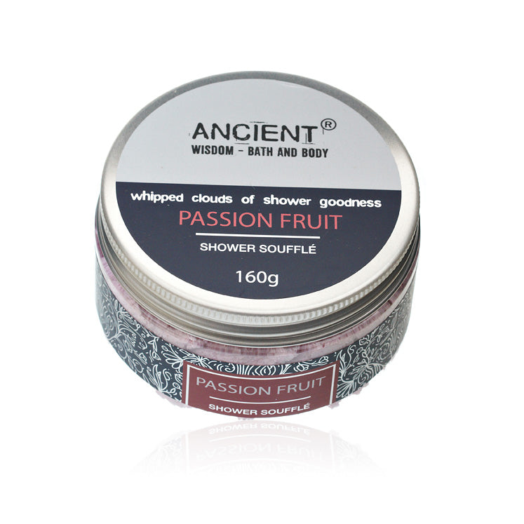 Mild Cleansing Shower Soufflé Foam - 160g - Passion Fruit, closed round jar with its silver lid label facing forward, by Quintessential Holistic Health Ltd