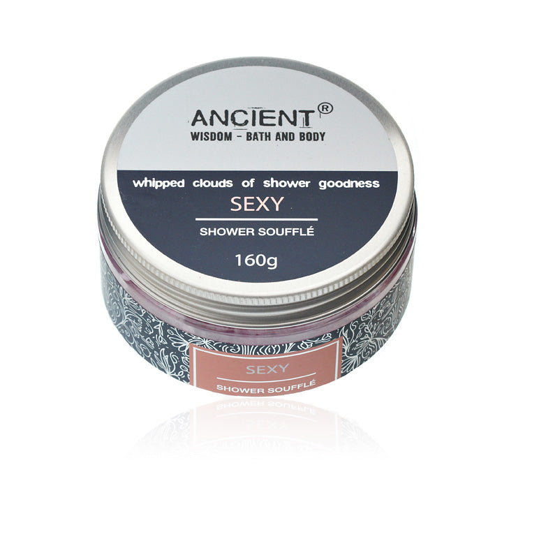 Mild Cleansing Shower Soufflé Foam - 160g - Sexy, closed round jar with its silver lid label facing forward, by Quintessential Holistic Health Ltd