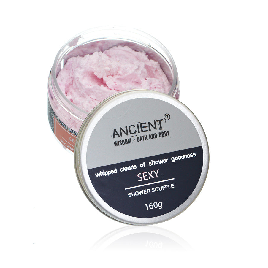 Mild Cleansing Shower Soufflé Foam - 160g - Sexy, open jar of pale pink whipped product with its labelled lid in front, by Quintessential Holistic Health Ltd