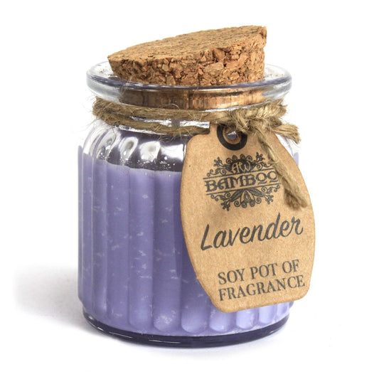 Eco- Friendly Fragranced Soy Candle in a Glass Pot - Lavender product packaging on clean background from Quintessential Holistic Health Ltd