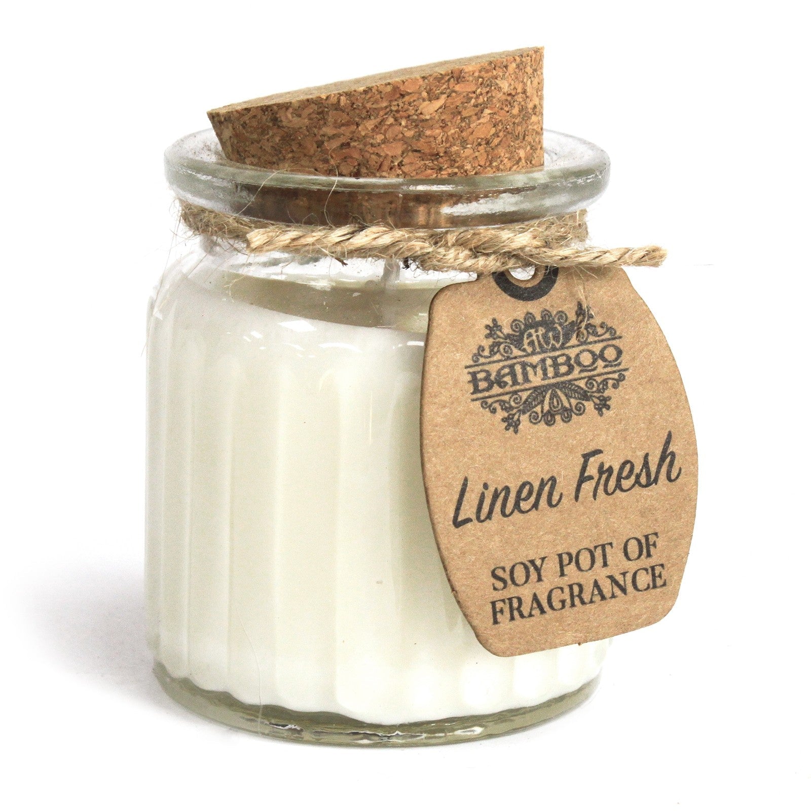 Eco- Friendly Fragranced Soy Candle in a Glass Pot - Fresh Linen product packaging on clean background from Quintessential Holistic Health Ltd