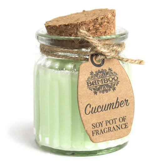 Eco- Friendly Fragranced Soy Candle in a Glass Pot - Cucumber product packaging on clean background from Quintessential Holistic Health Ltd