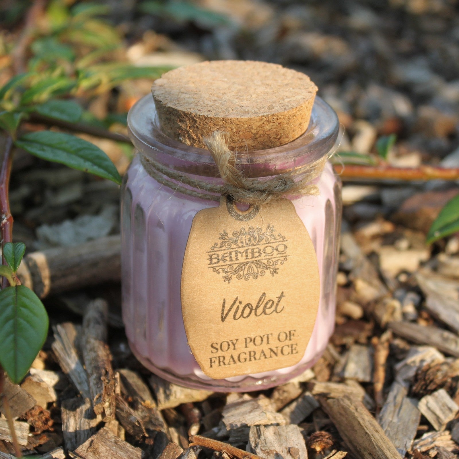 Eco- Friendly Fragranced Soy Candle in a Glass Pot - Violet product packaging on clean background from Quintessential Holistic Health Ltd