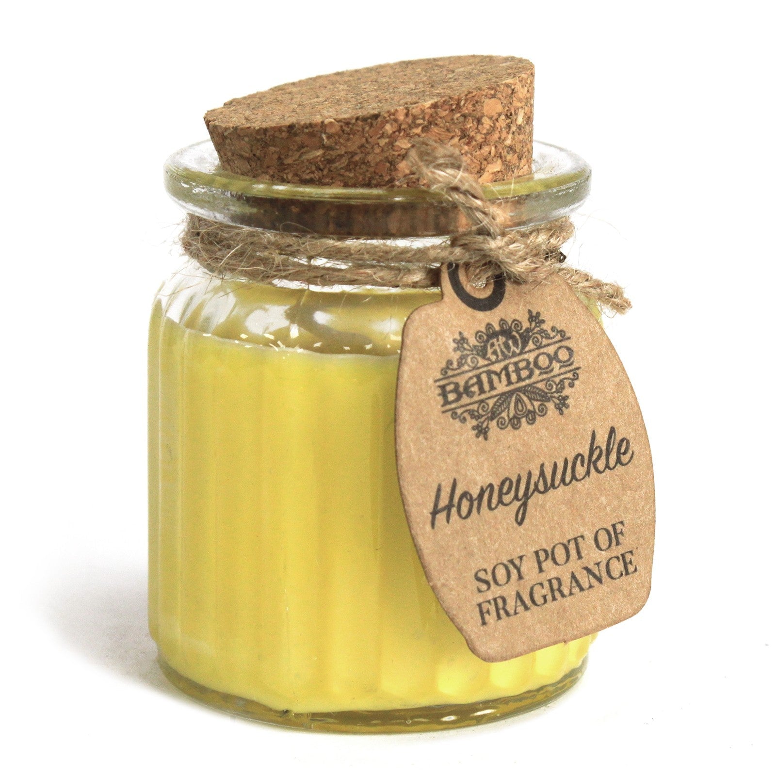 Eco- Friendly Fragranced Soy Candle in a Glass Pot - Honeysuckle product packaging on clean background from Quintessential Holistic Health Ltd