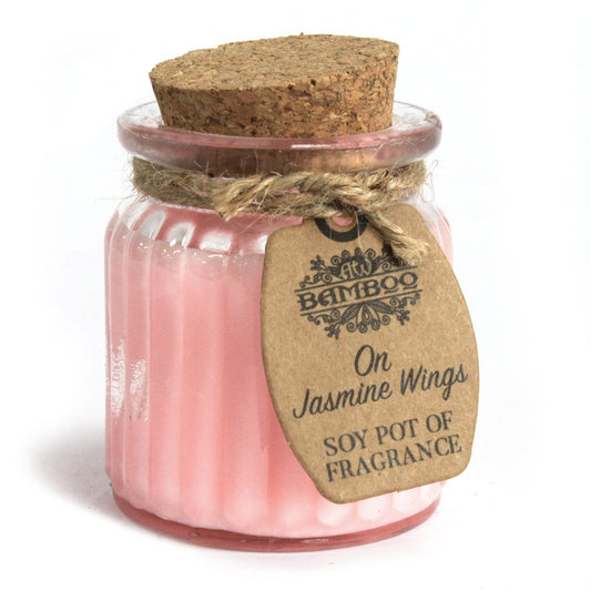 Eco- Friendly Fragranced Soy Candle in a Glass Pot - On Jasmine Wings product packaging on clean background from Quintessential Holistic Health Ltd