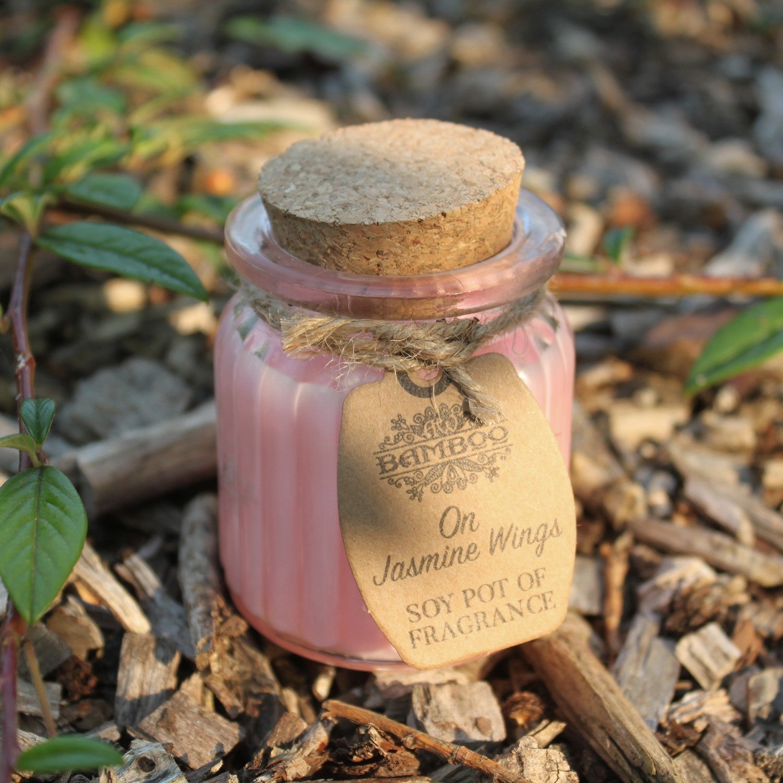 Eco- Friendly Fragranced Soy Candle in a Glass Pot - On Jasmine Wings product packaging on clean background from Quintessential Holistic Health Ltd