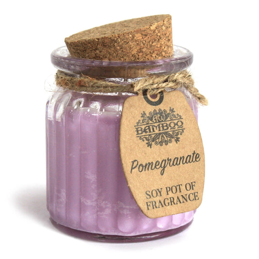 Eco- Friendly Fragranced Soy Candle in a Glass Pot - Pomegranate product packaging on clean background from Quintessential Holistic Health Ltd