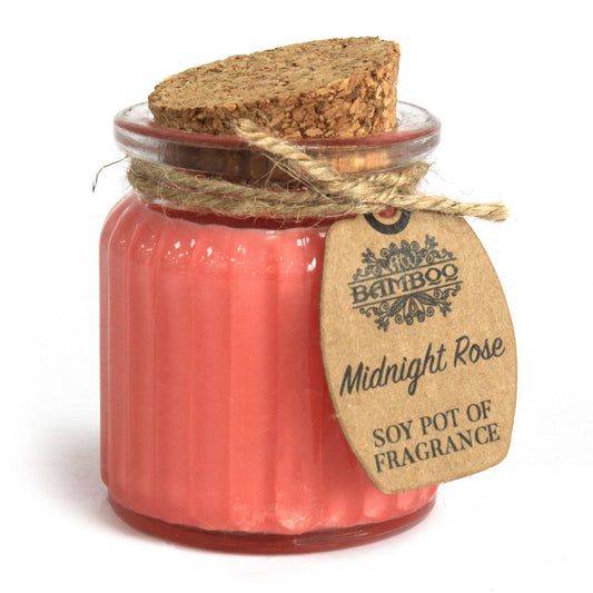 Eco- Friendly Fragranced Soy Candle in a Glass Pot - Midnight Rose product packaging on clean background from Quintessential Holistic Health Ltd