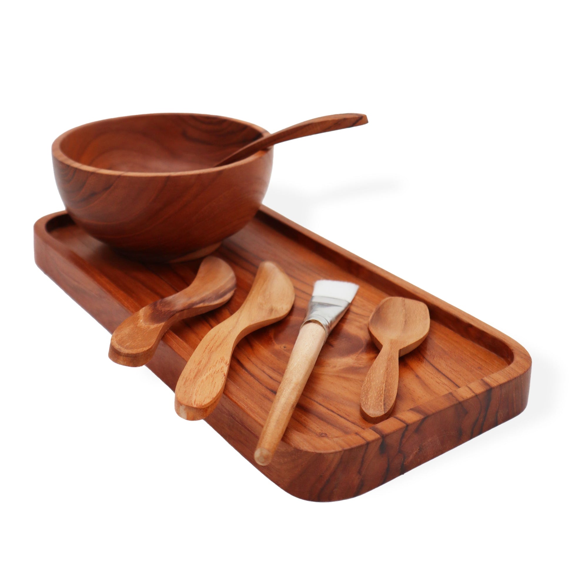 Handmade Teak Clay or Wax Spa Application Set with bowl, spoon, brushes and shaped applicators on a rectangular tray by Quintessential Holistic Health Ltd