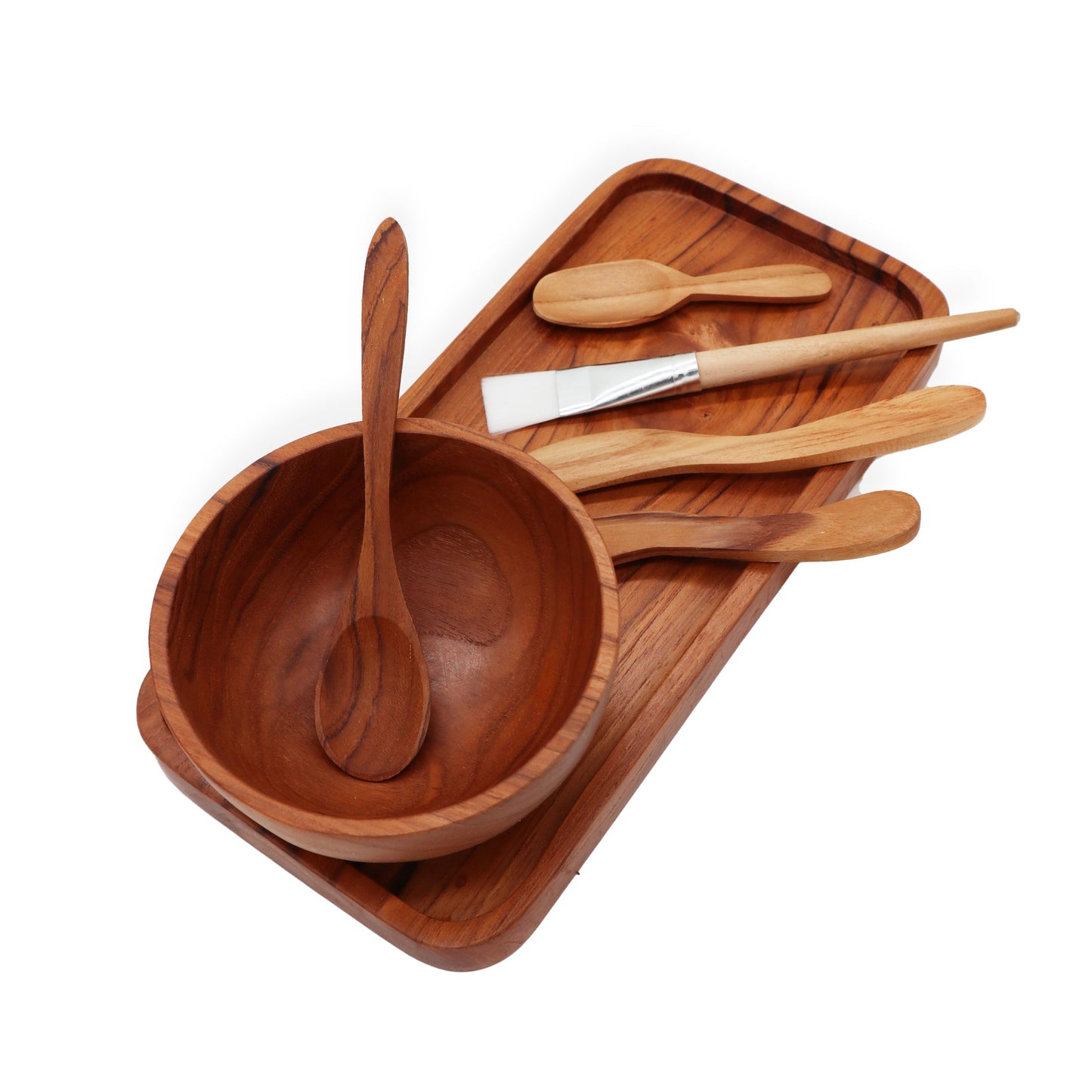 Handmade Teak Clay or Wax Spa Application Set with bowl, upright spoon, brushes and shaped applicators on a tray by Quintessential Holistic Health Ltd