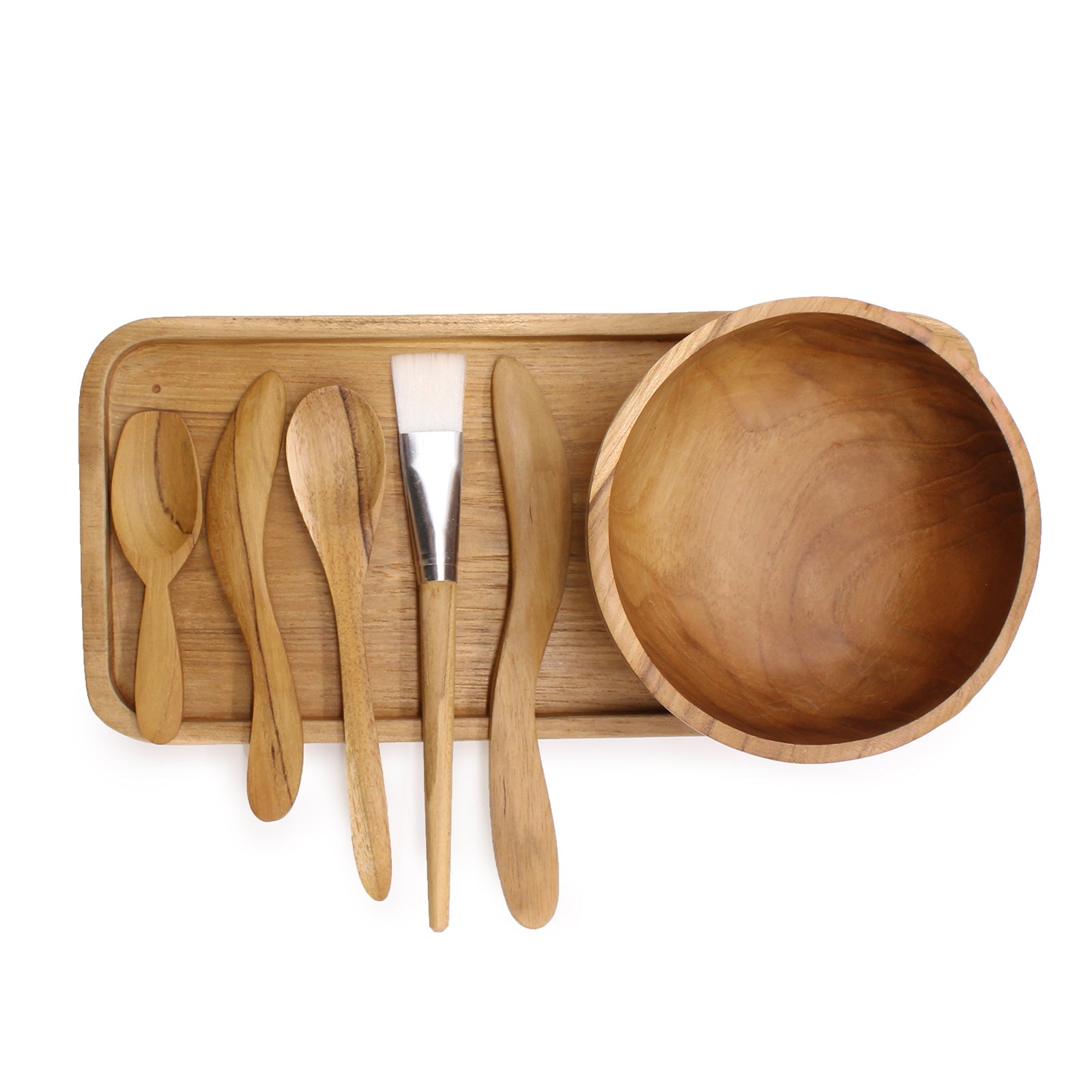 Handmade Teak Clay or Wax Spa Application Set with round bowl and assorted wooden applicators arranged on a tray by Quintessential Holistic Health Ltd