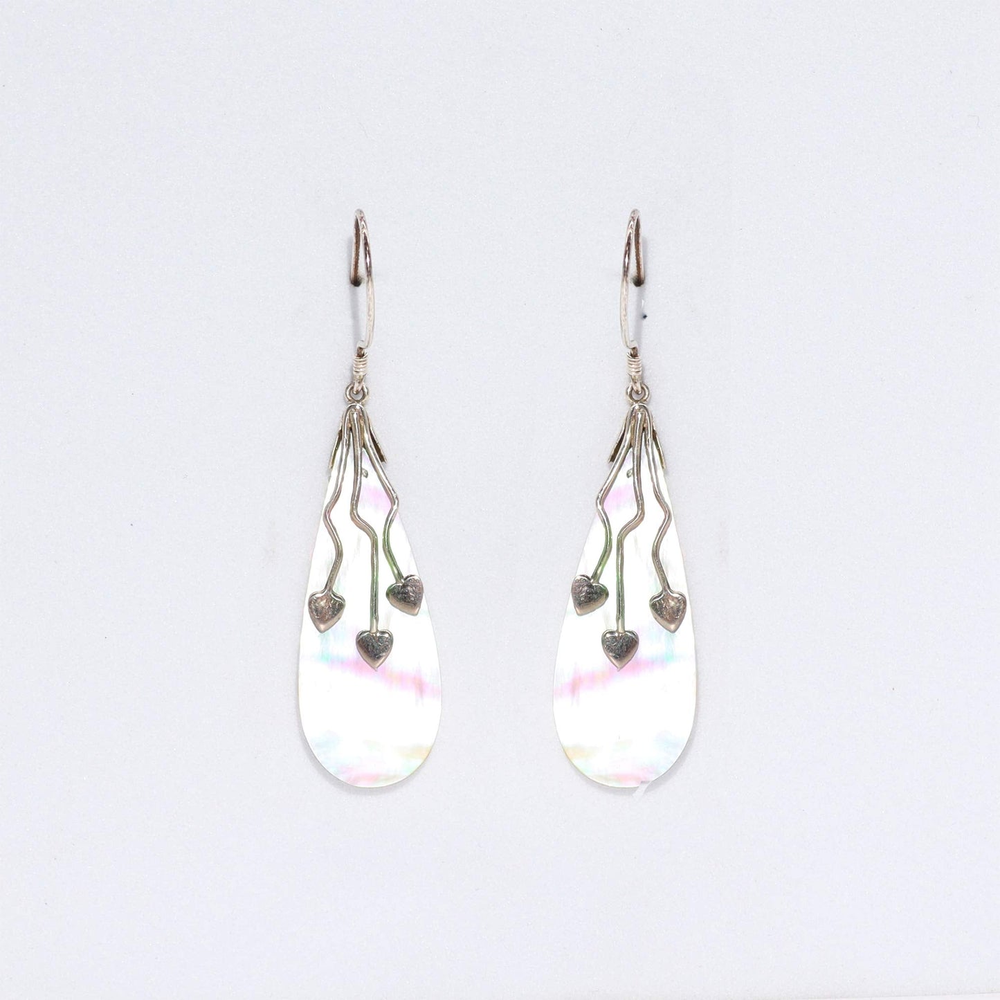Handmade Shell and 925 Silver Earrings - Mother of Pearl / Three Hearts product packaging on clean background from Quintessential Holistic Health Ltd