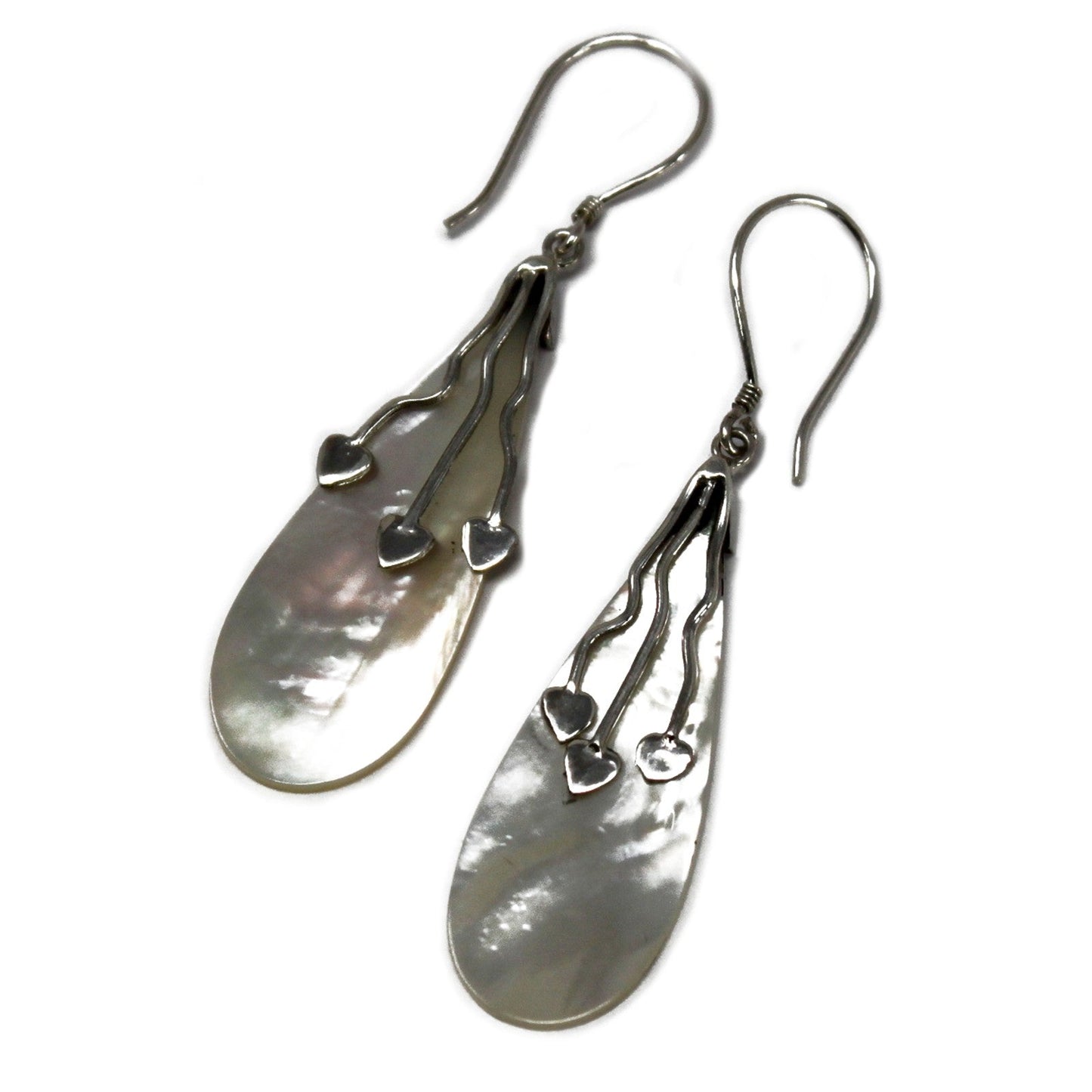 Handmade Shell and 925 Silver Earrings - Mother of Pearl / Three Hearts product packaging on clean background from Quintessential Holistic Health Ltd