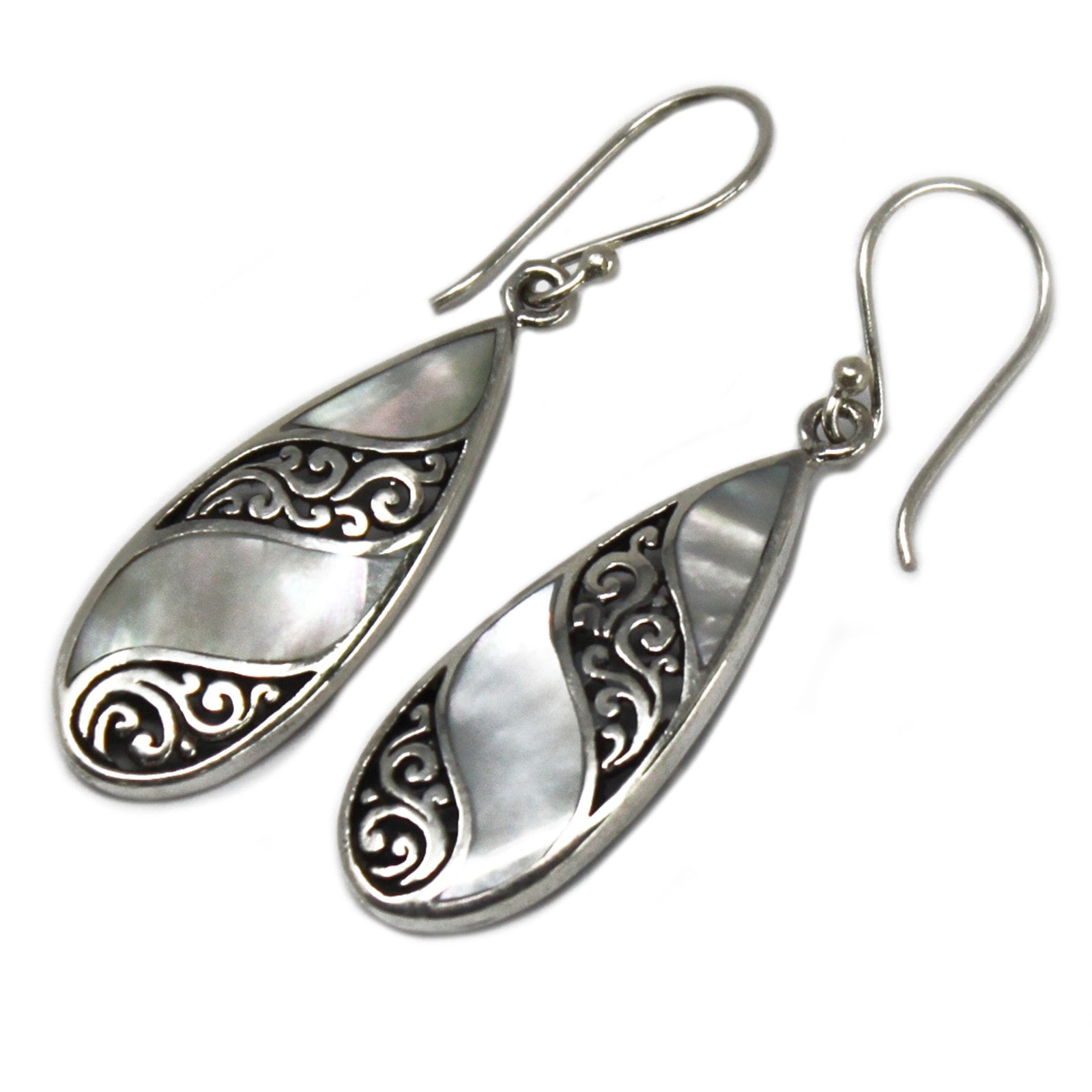 Handmade Shell and 925 Silver Earrings - Mother of Pearl / Long Teardrop product packaging on clean background from Quintessential Holistic Health Ltd
