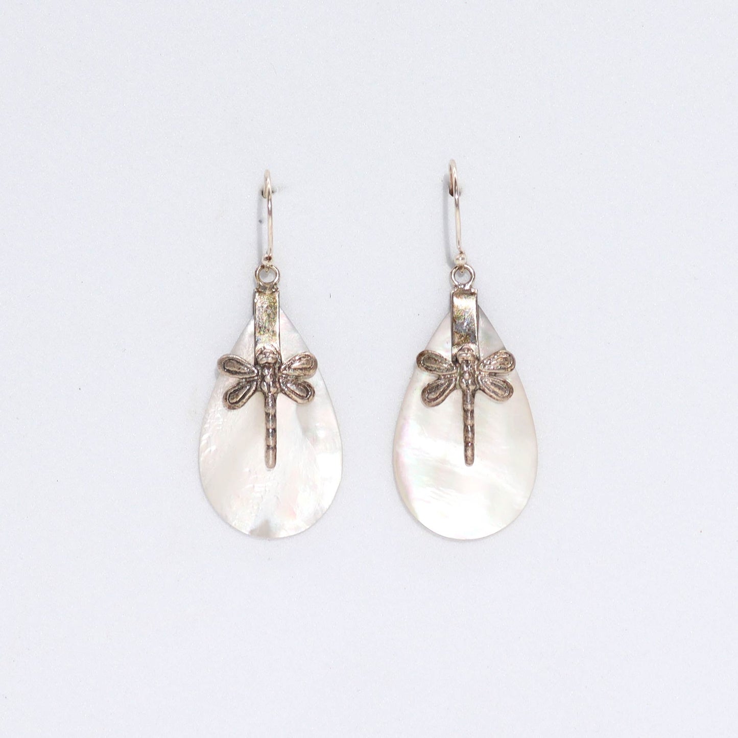 Handmade Shell and 925 Silver Earrings - Mother of Pearl / Oval / Dragonflies product packaging on clean background from Quintessential Holistic Health Ltd