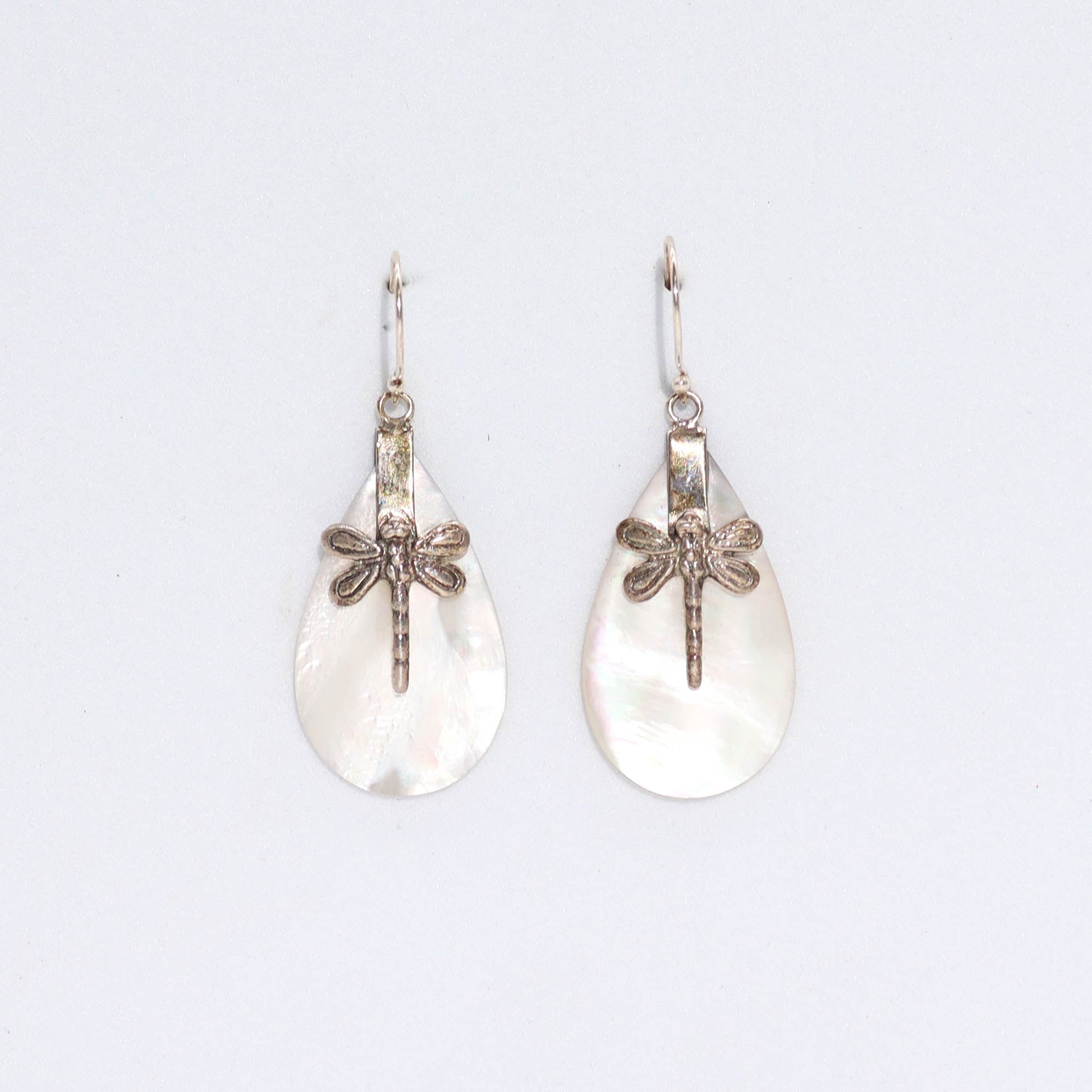 Handmade Shell and 925 Silver Earrings - Mother of Pearl / Oval / Dragonflies product packaging on clean background from Quintessential Holistic Health Ltd
