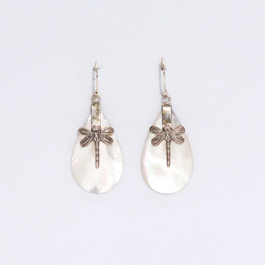 Handmade Shell and 925 Silver Earrings - Mother of Pearl / Oval / Dragonflies product packaging on clean background from Quintessential Holistic Health Ltd