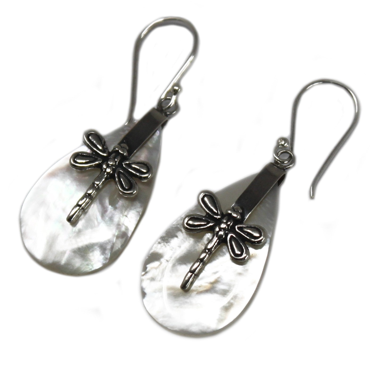 Handmade Shell and 925 Silver Earrings - Mother of Pearl / Oval / Dragonflies product packaging on clean background from Quintessential Holistic Health Ltd