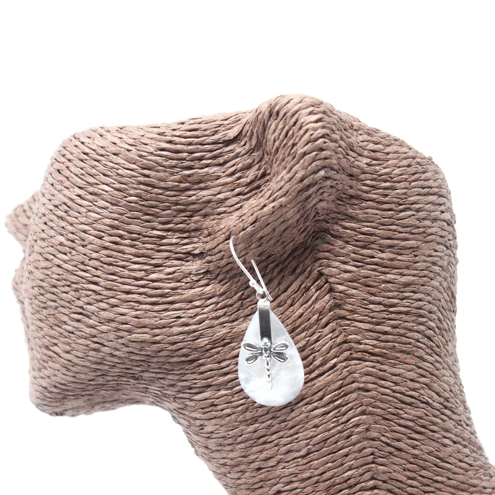 Handmade Shell and 925 Silver Earrings - Mother of Pearl / Oval / Dragonflies product packaging on clean background from Quintessential Holistic Health Ltd