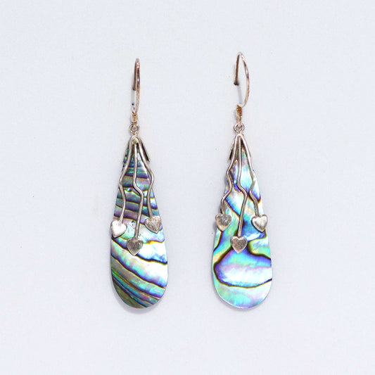 Handmade Shell and 925 Silver Earrings - Abalone / Three Hearts product packaging on clean background from Quintessential Holistic Health Ltd