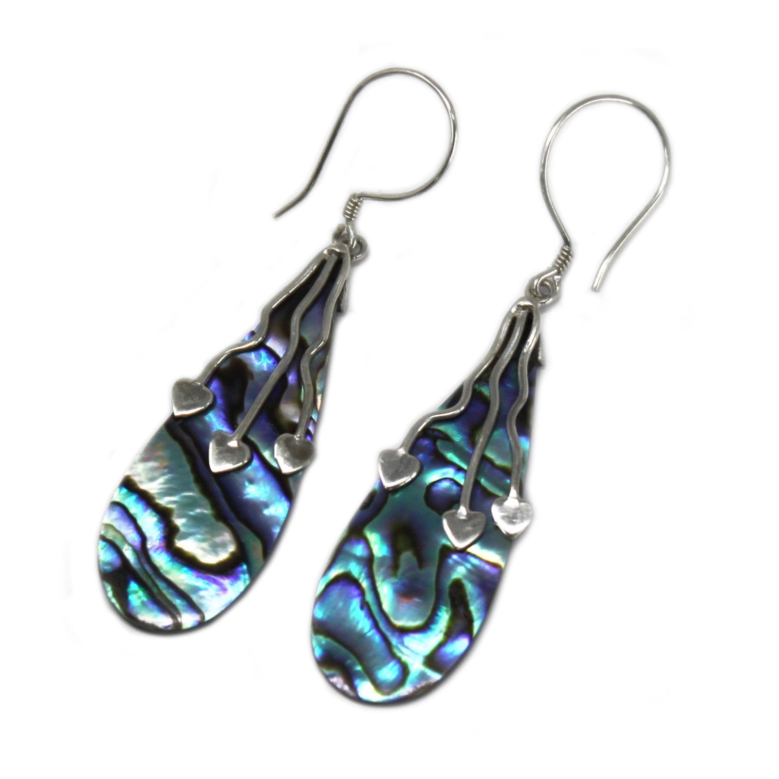 Handmade Shell and 925 Silver Earrings - Abalone / Three Hearts product packaging on clean background from Quintessential Holistic Health Ltd