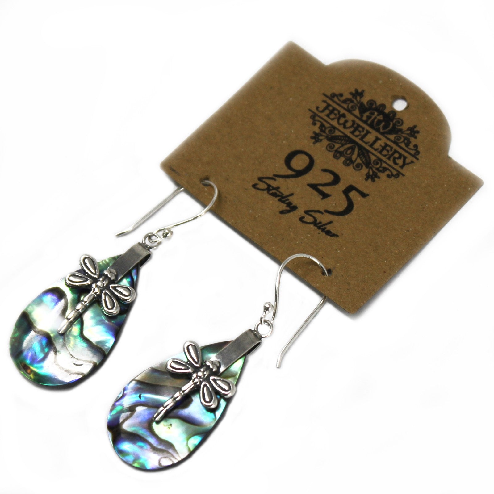 Handmade Shell and 925 Silver Earrings - Abalone / Oval / Dragonflies product packaging on clean background from Quintessential Holistic Health Ltd