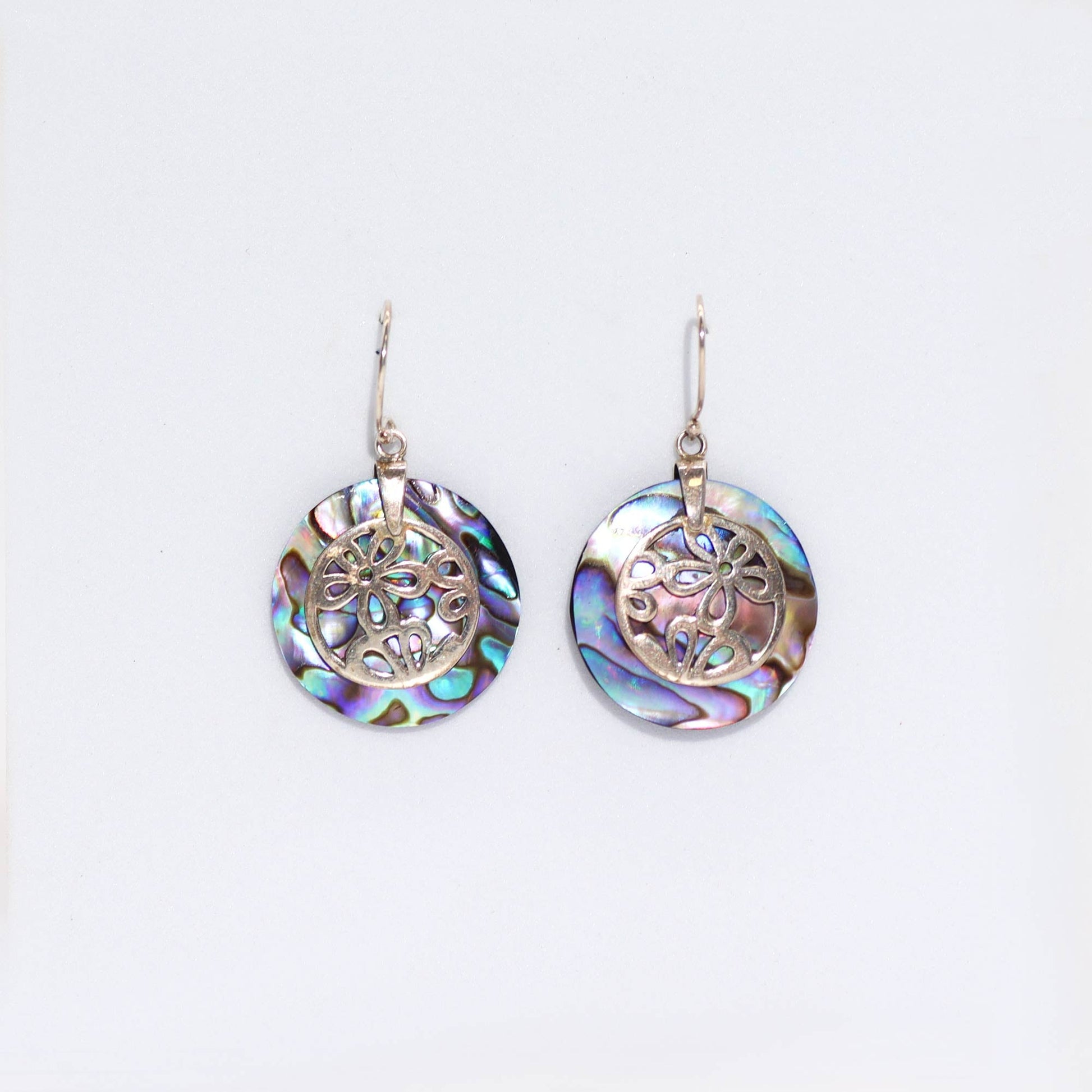 Handmade Shell and 925 Silver Earrings - Abalone / Flowers product packaging on clean background from Quintessential Holistic Health Ltd