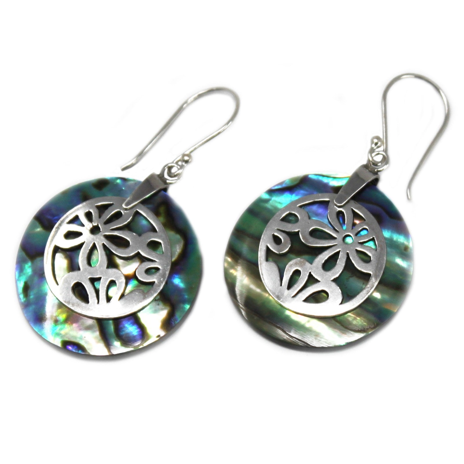 Handmade Shell and 925 Silver Earrings - Abalone / Flowers product packaging on clean background from Quintessential Holistic Health Ltd