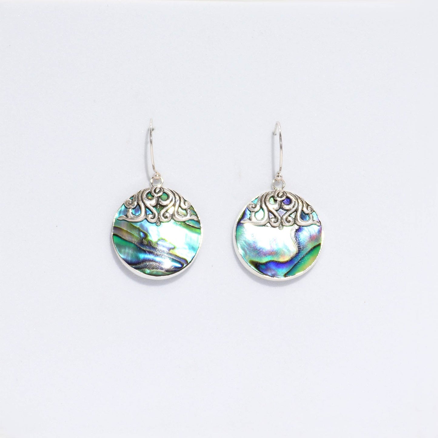 Handmade Shell and 925 Silver Earrings - Abalone / Classic Disc product packaging on clean background from Quintessential Holistic Health Ltd