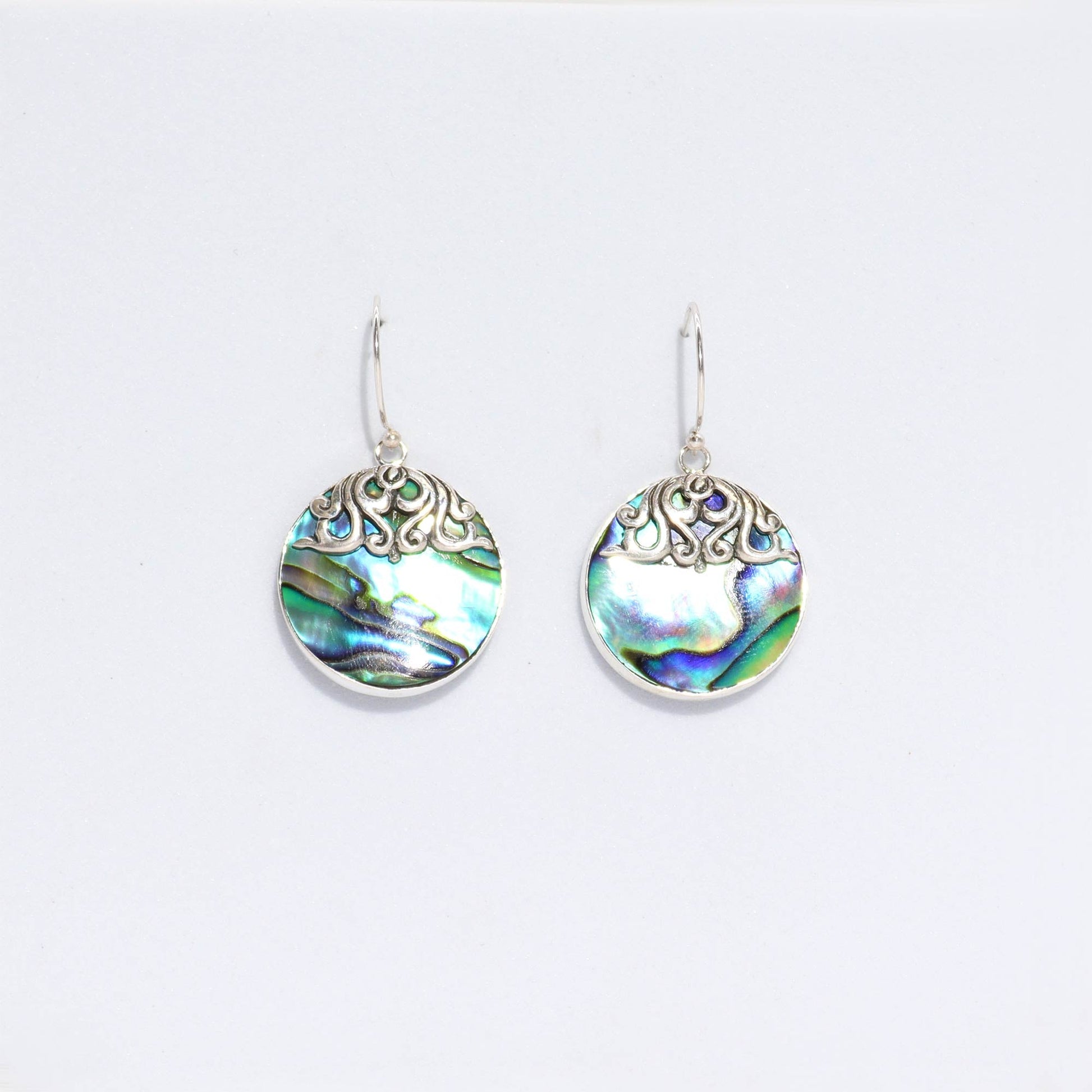 Handmade Shell and 925 Silver Earrings - Abalone / Classic Disc product packaging on clean background from Quintessential Holistic Health Ltd
