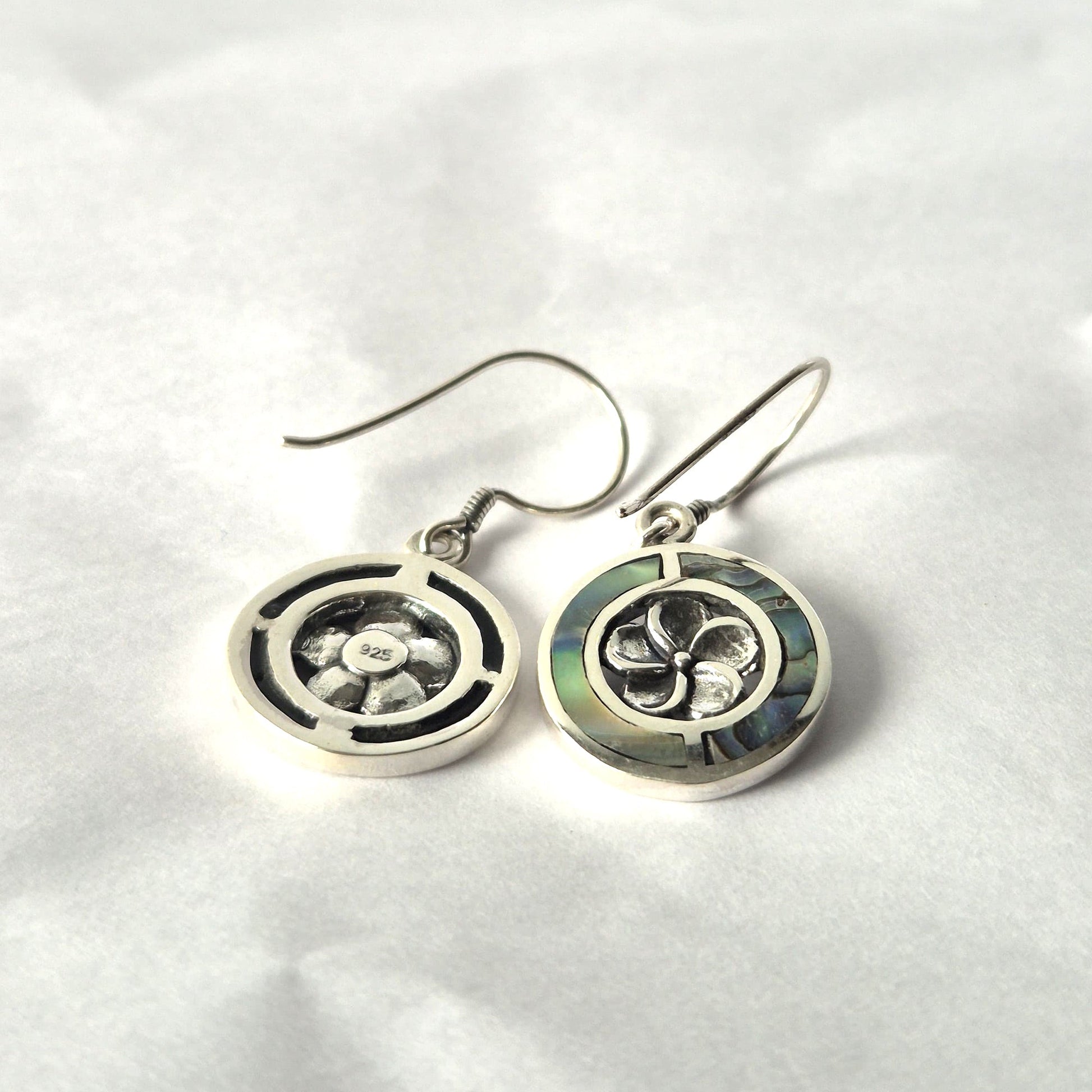 Handmade Shell and 925 Silver Earrings - Abalone / Frangipani product packaging on clean background from Quintessential Holistic Health Ltd