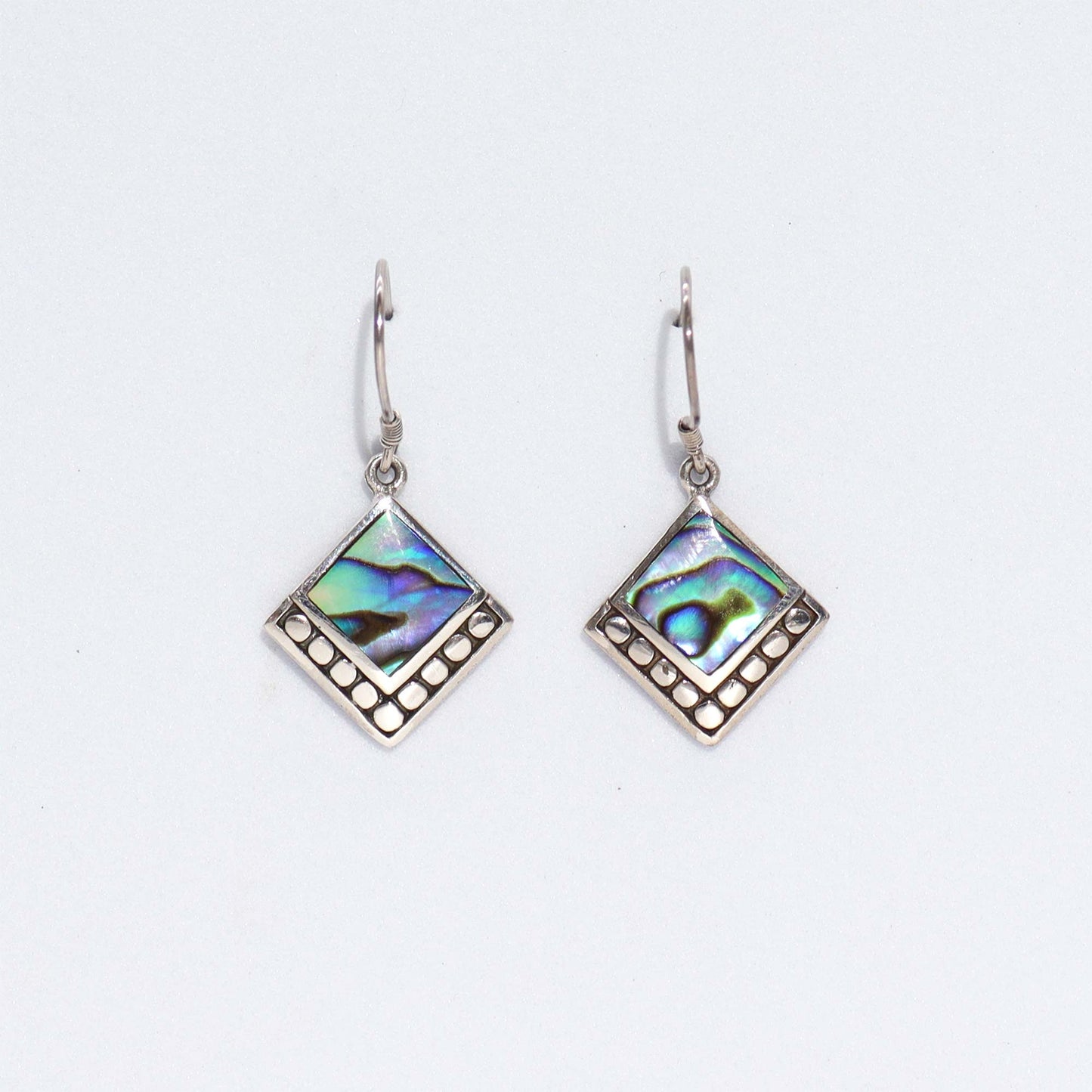 Handmade Shell and 925 Silver Earrings - Abalone / Square Dots product packaging on clean background from Quintessential Holistic Health Ltd