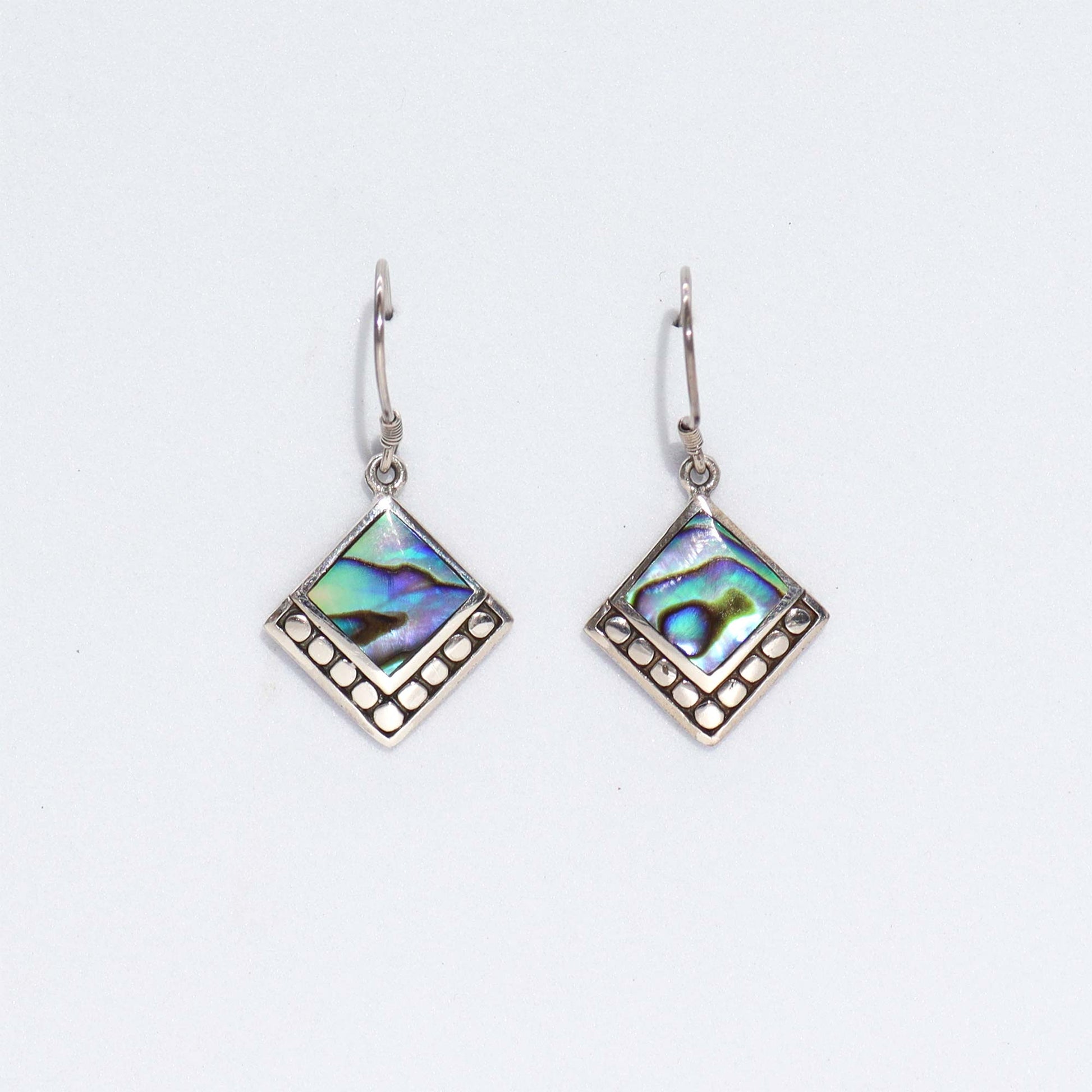 Handmade Shell and 925 Silver Earrings - Abalone / Square Dots product packaging on clean background from Quintessential Holistic Health Ltd