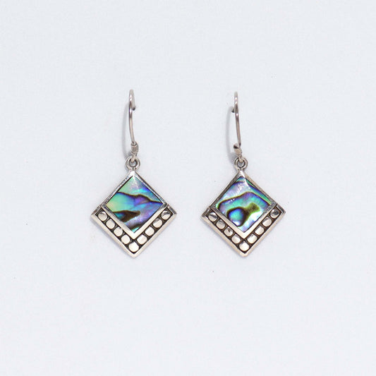 Handmade Shell and 925 Silver Earrings - Abalone / Square Dots product packaging on clean background from Quintessential Holistic Health Ltd