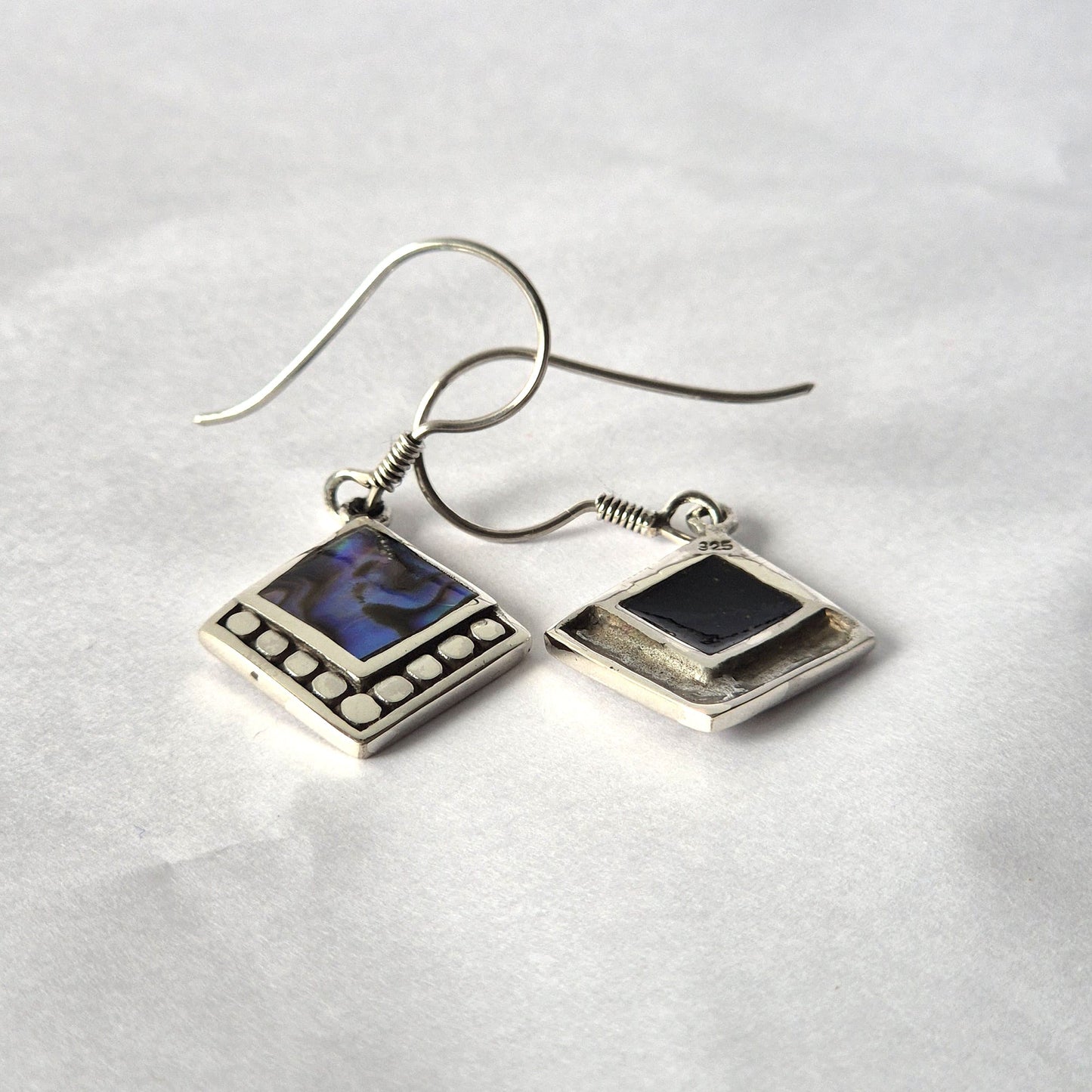 Handmade Shell and 925 Silver Earrings - Abalone / Square Dots product packaging on clean background from Quintessential Holistic Health Ltd