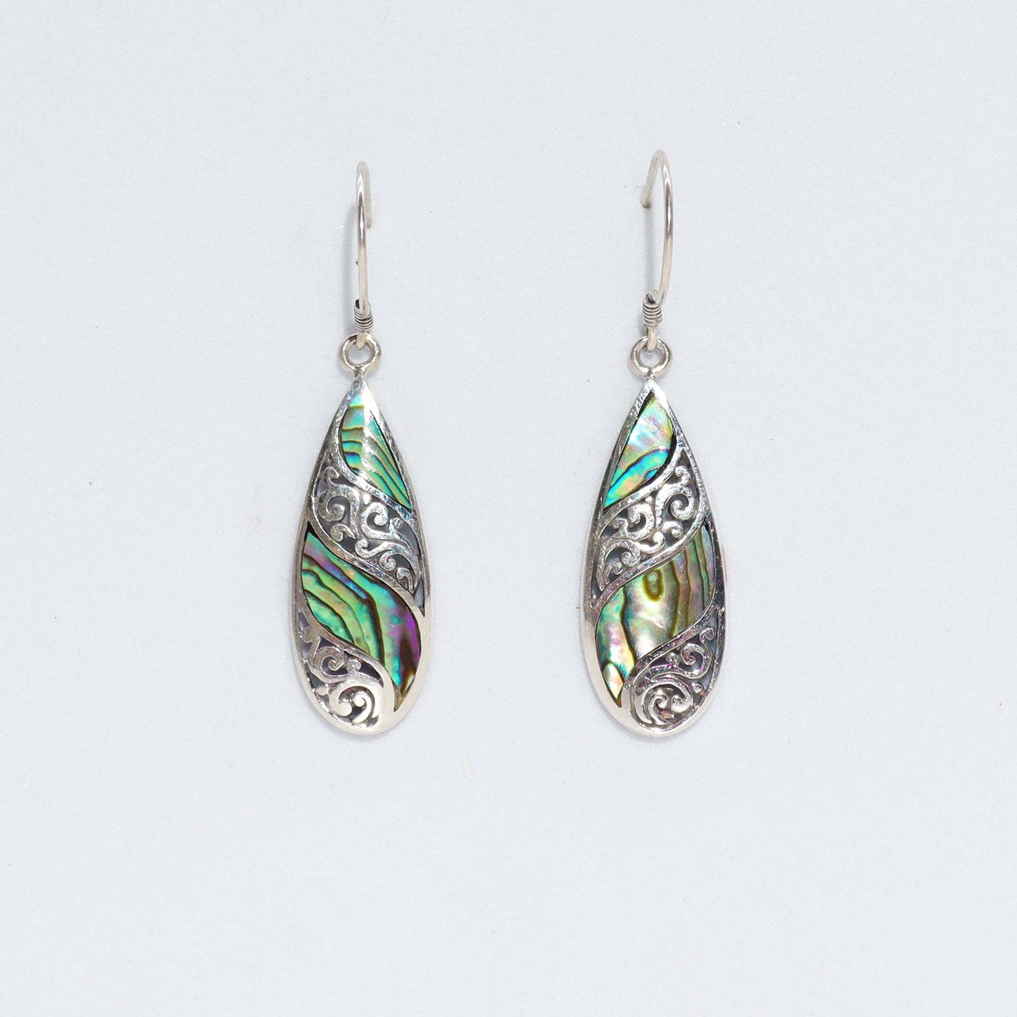 Handmade Shell and 925 Silver Earrings - Abalone / Long Teardrop product packaging on clean background from Quintessential Holistic Health Ltd