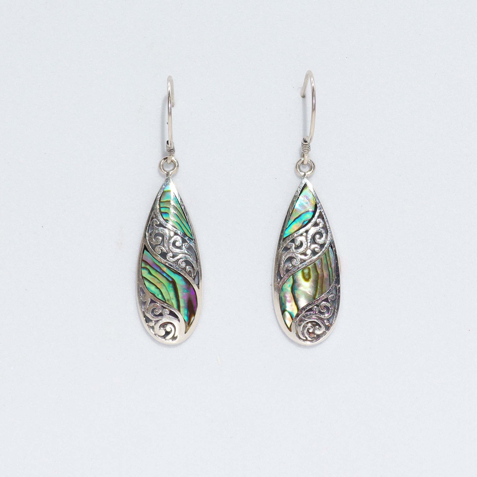 Handmade Shell and 925 Silver Earrings - Abalone / Long Teardrop product packaging on clean background from Quintessential Holistic Health Ltd