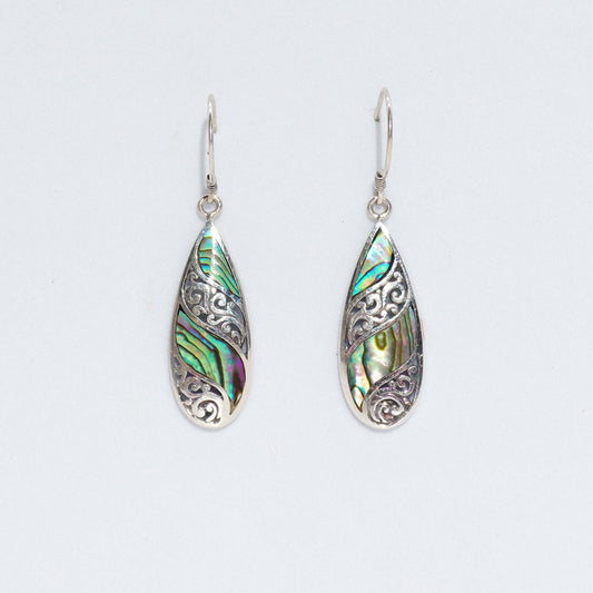 Handmade Shell and 925 Silver Earrings - Abalone / Long Teardrop product packaging on clean background from Quintessential Holistic Health Ltd