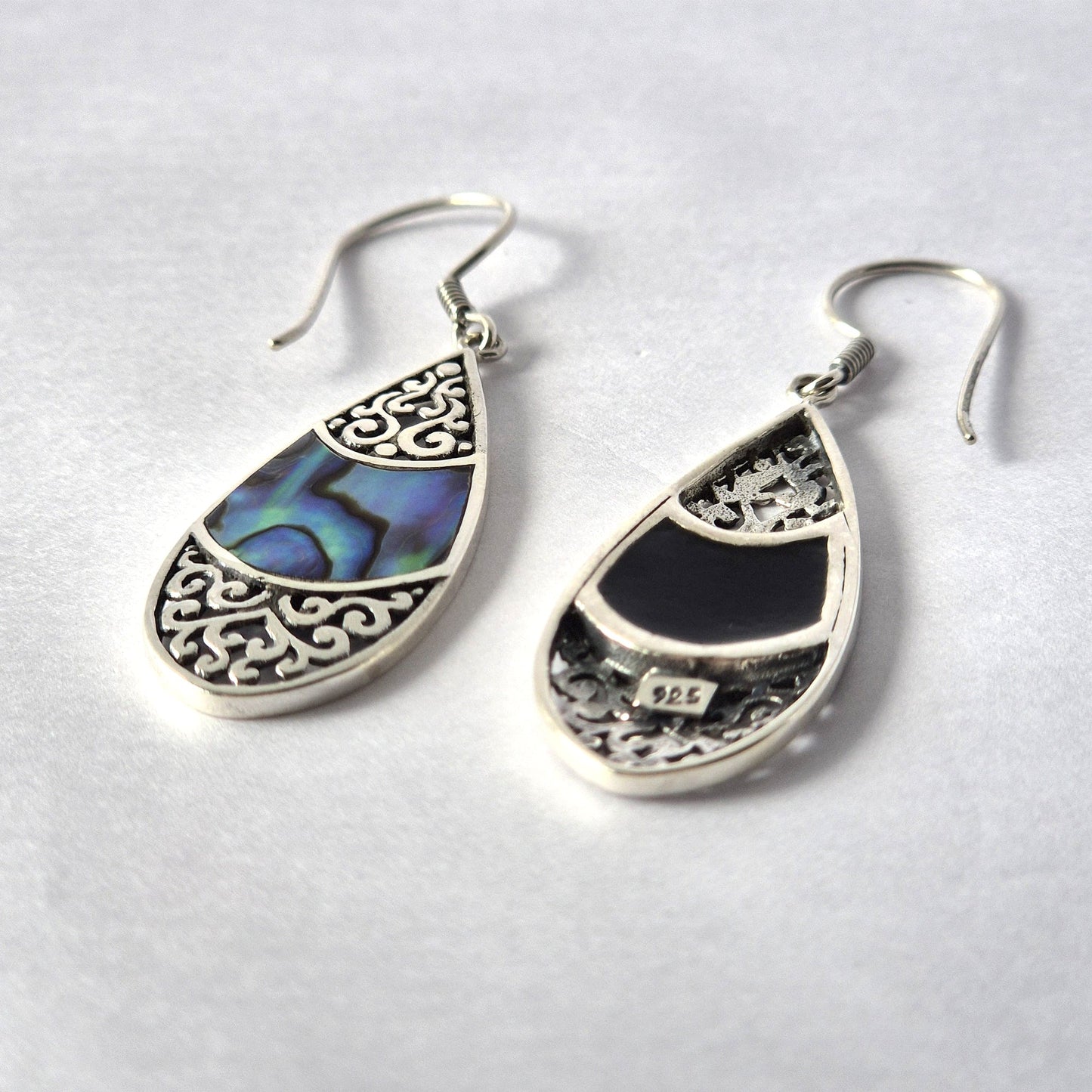 Handmade Shell and 925 Silver Earrings - Abalone / Large Teardrop product packaging on clean background from Quintessential Holistic Health Ltd
