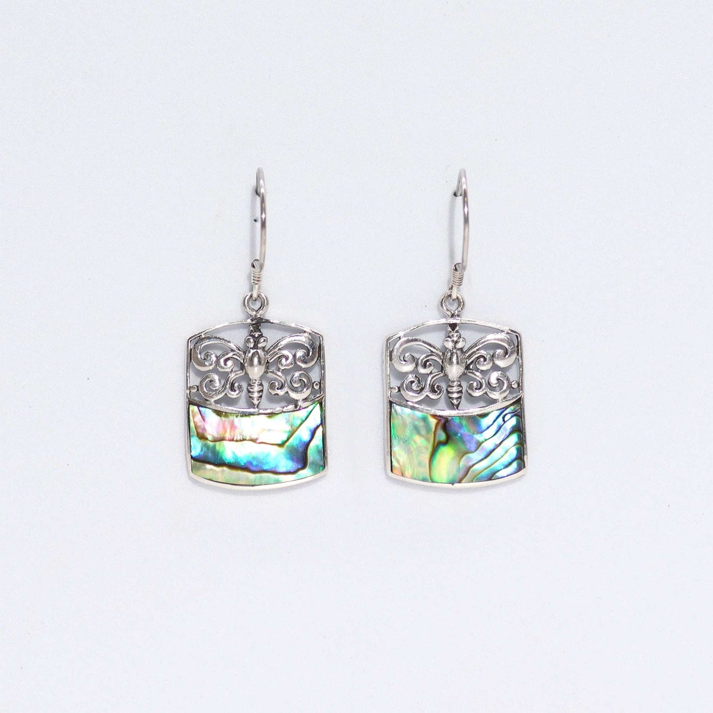 Handmade Shell and 925 Silver Earrings - Abalone / Dragonflies product packaging on clean background from Quintessential Holistic Health Ltd
