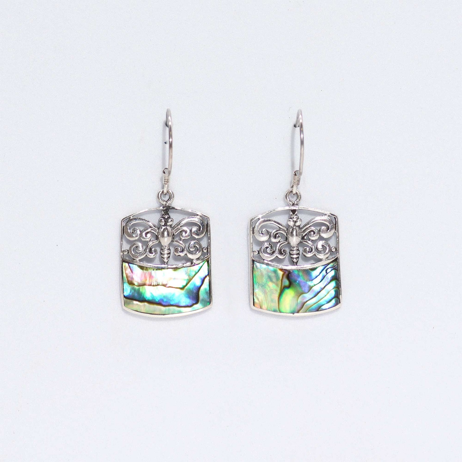 Handmade Shell and 925 Silver Earrings - Abalone / Dragonflies product packaging on clean background from Quintessential Holistic Health Ltd