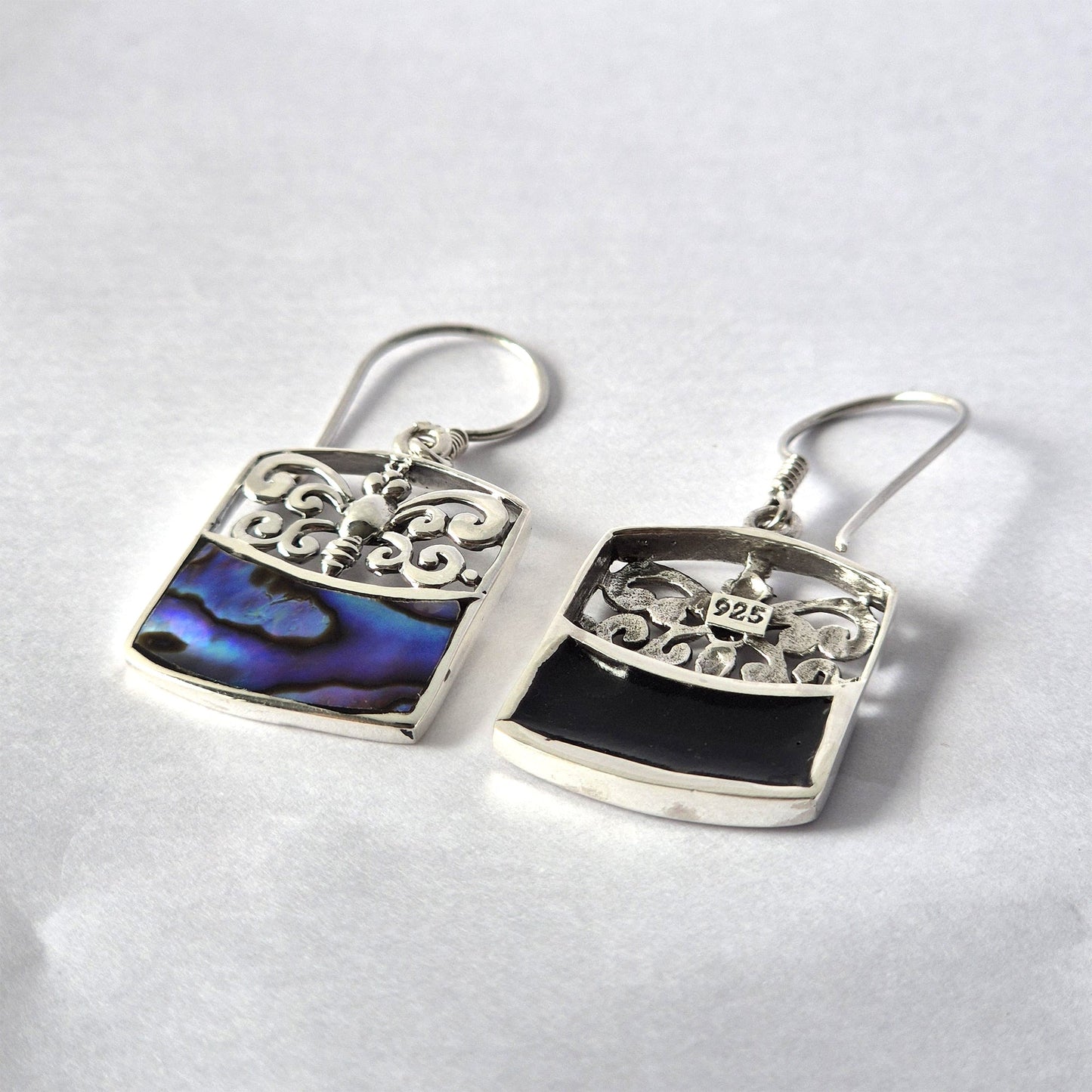 Handmade Shell and 925 Silver Earrings - Abalone / Dragonflies product packaging on clean background from Quintessential Holistic Health Ltd