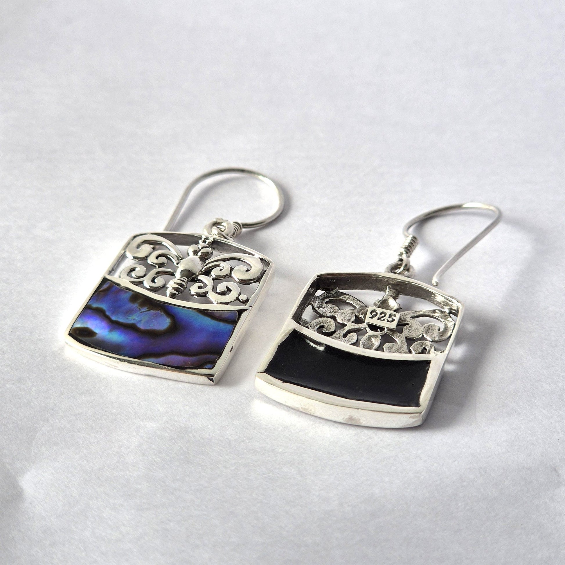 Handmade Shell and 925 Silver Earrings - Abalone / Dragonflies product packaging on clean background from Quintessential Holistic Health Ltd