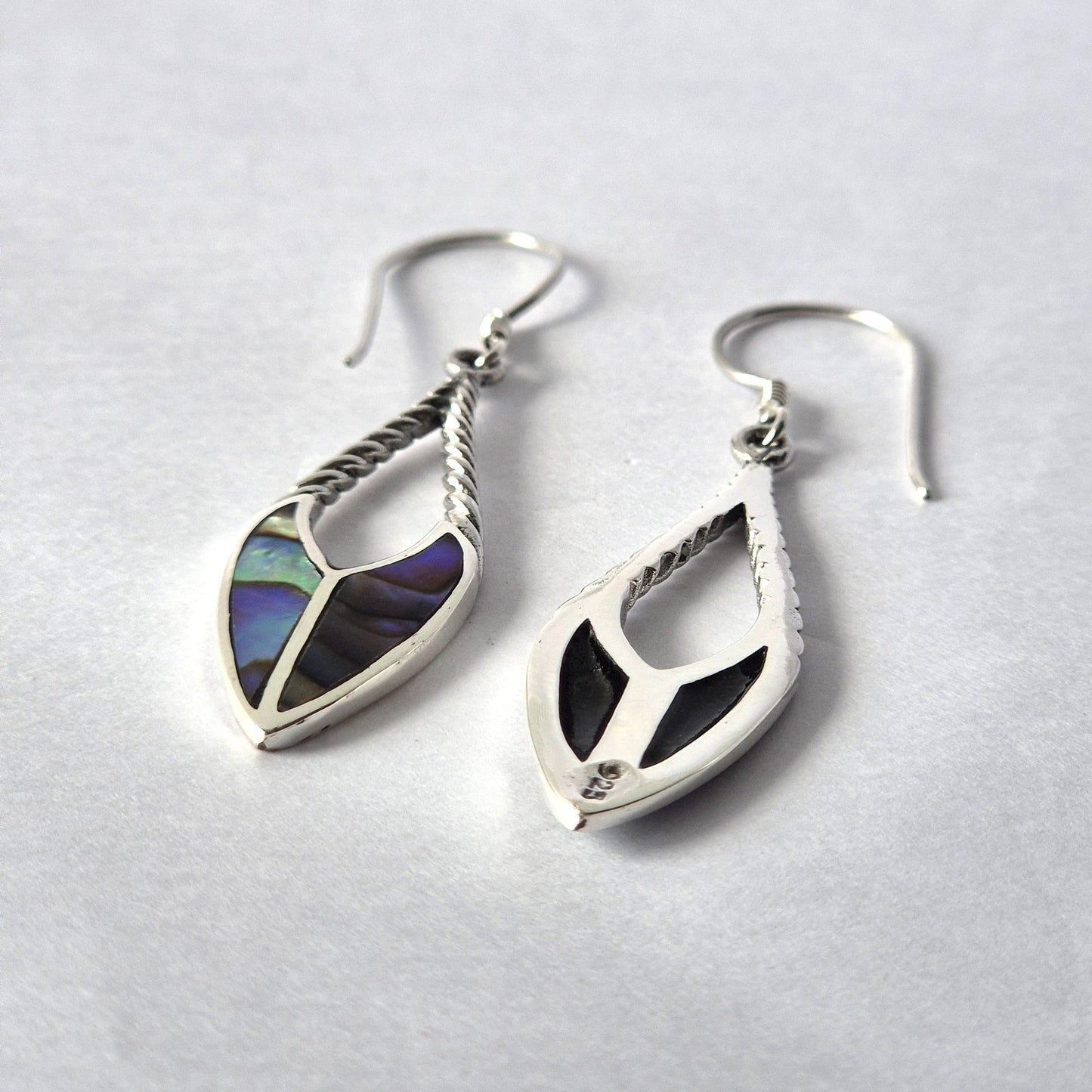 Handmade Shell and 925 Silver Earrings - Abalone / Spear Drops product packaging on clean background from Quintessential Holistic Health Ltd