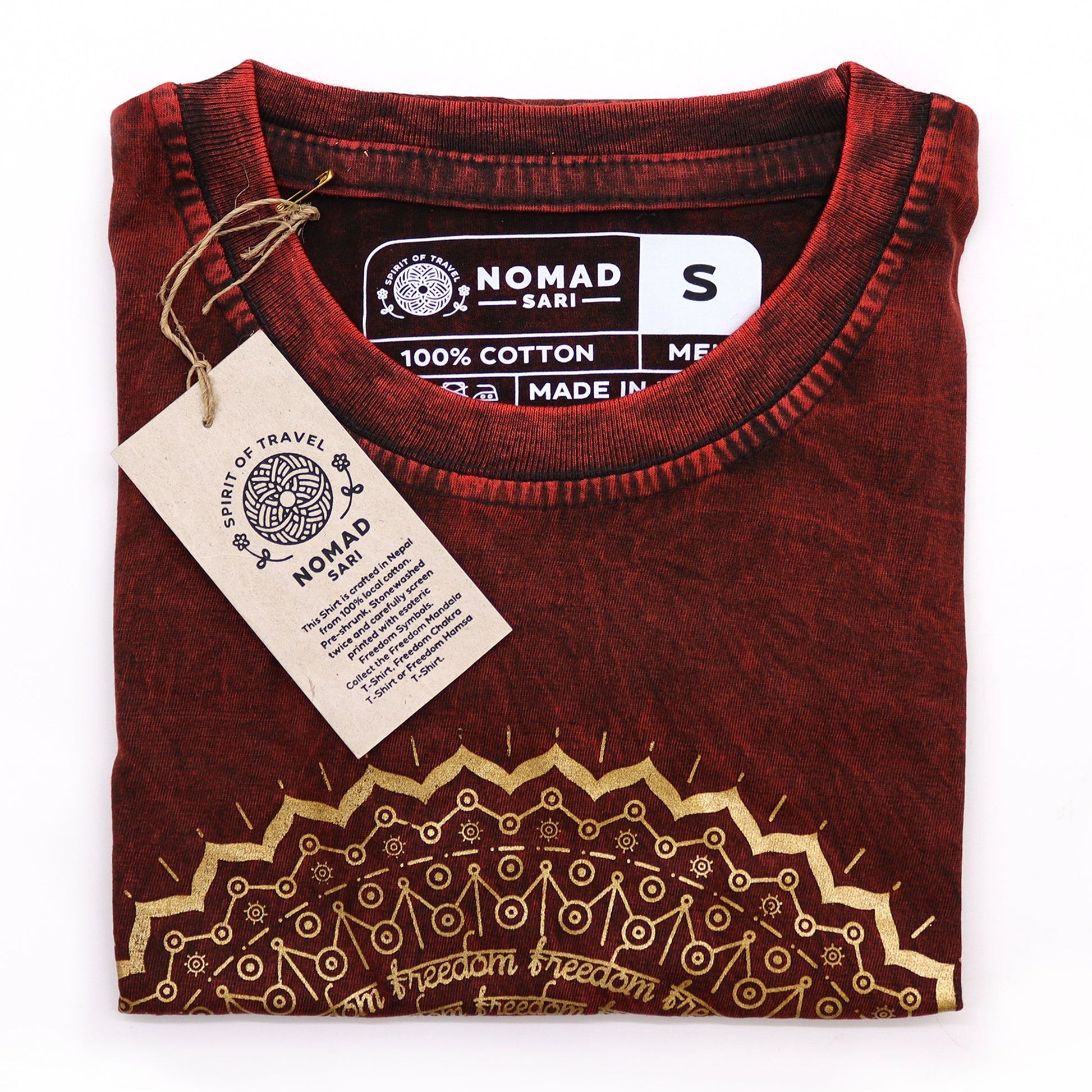 Nomad Sari Unisex Eco-Friendly 100% Cotton Stone Washed T-Shirt - Small / Unisex / Mandala / Maroon product packaging on clean background from Quintessential Holistic Health Ltd