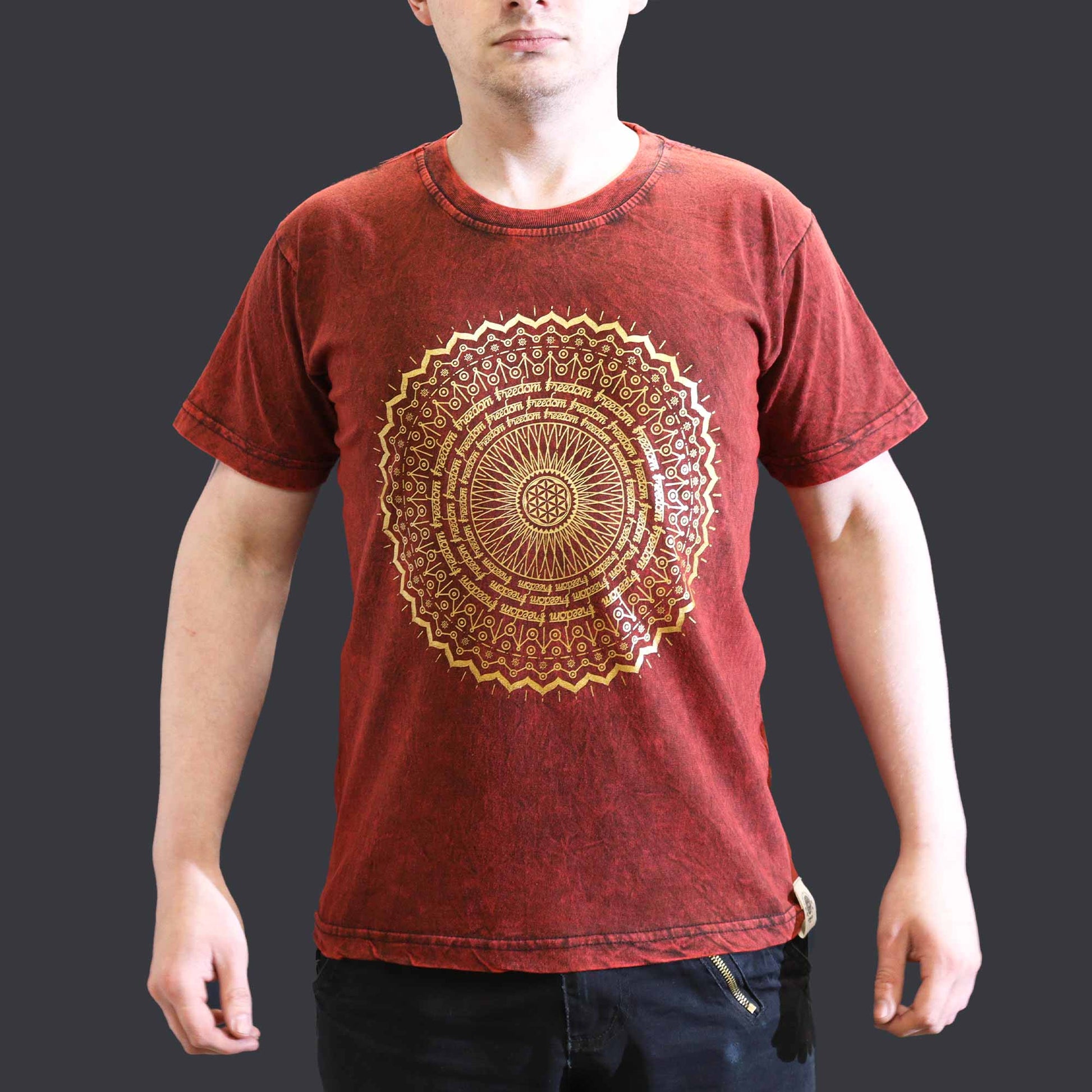Nomad Sari Unisex Eco-Friendly 100% Cotton Stone Washed T-Shirt - Small / Unisex / Mandala / Maroon product packaging on clean background from Quintessential Holistic Health Ltd