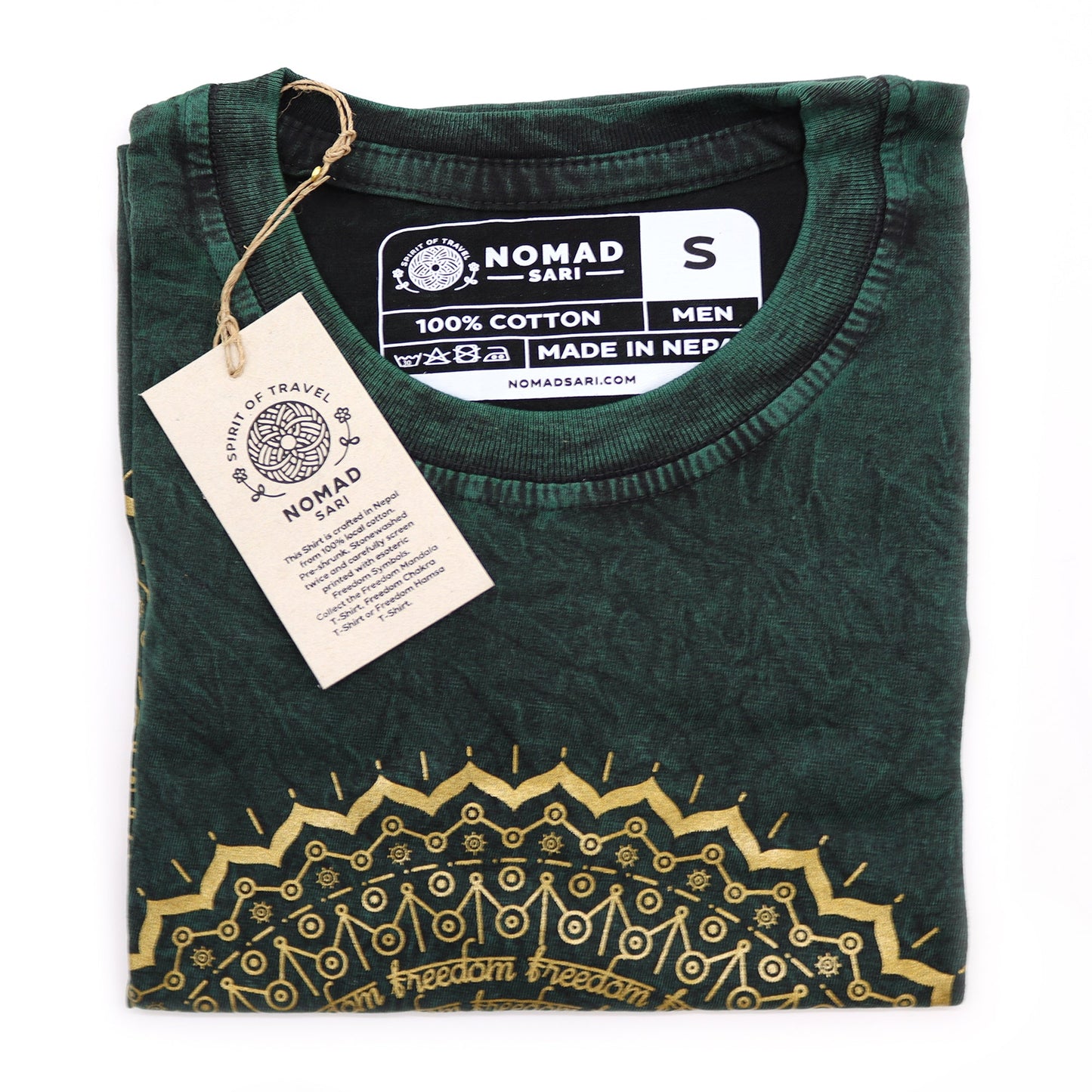 Nomad Sari Unisex Eco-Friendly 100% Cotton Stone Washed T-Shirt - Small / Unisex / Mandala / Green product packaging on clean background from Quintessential Holistic Health Ltd