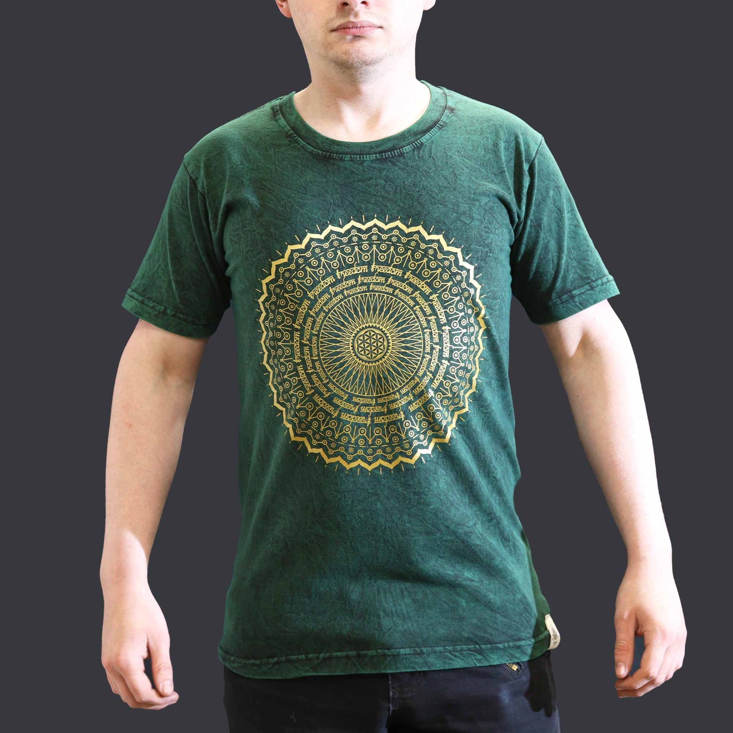 Nomad Sari Unisex Eco-Friendly 100% Cotton Stone Washed T-Shirt - Small / Unisex / Mandala / Green product packaging on clean background from Quintessential Holistic Health Ltd