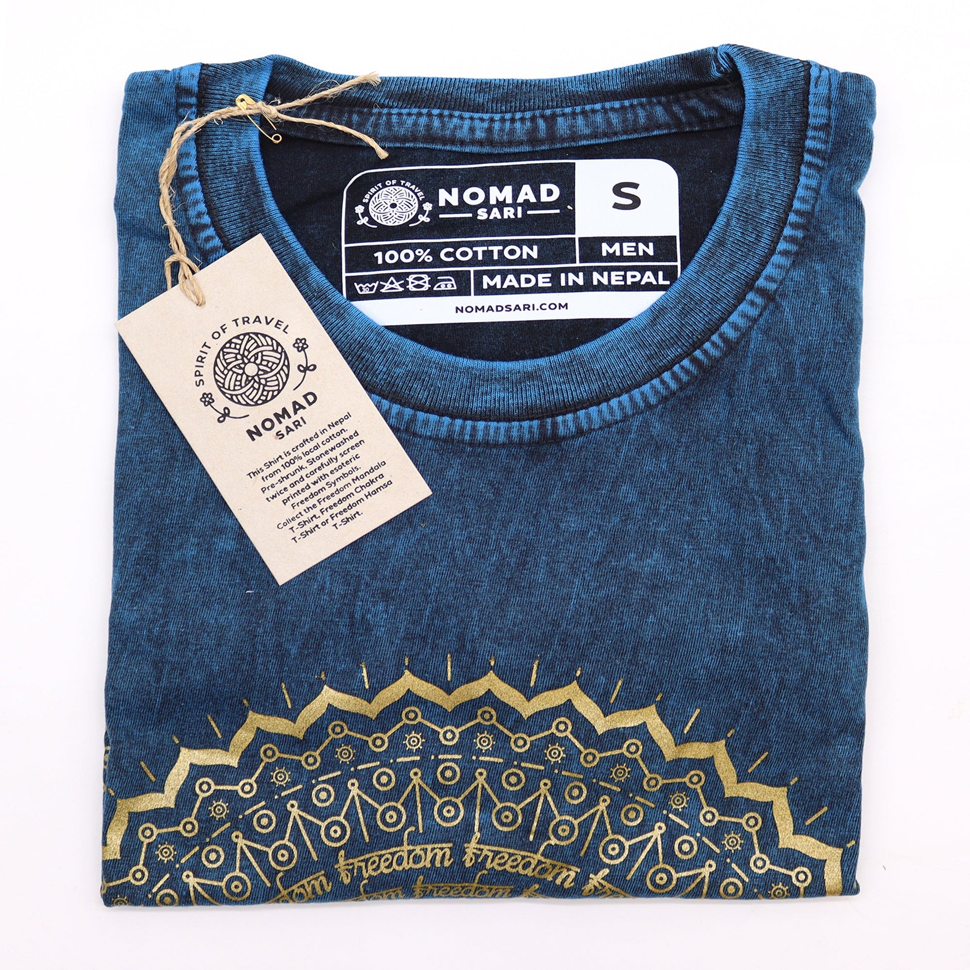 Nomad Sari Unisex Eco-Friendly 100% Cotton Stone Washed T-Shirt - Small / Unisex / Mandala / Blue product packaging on clean background from Quintessential Holistic Health Ltd