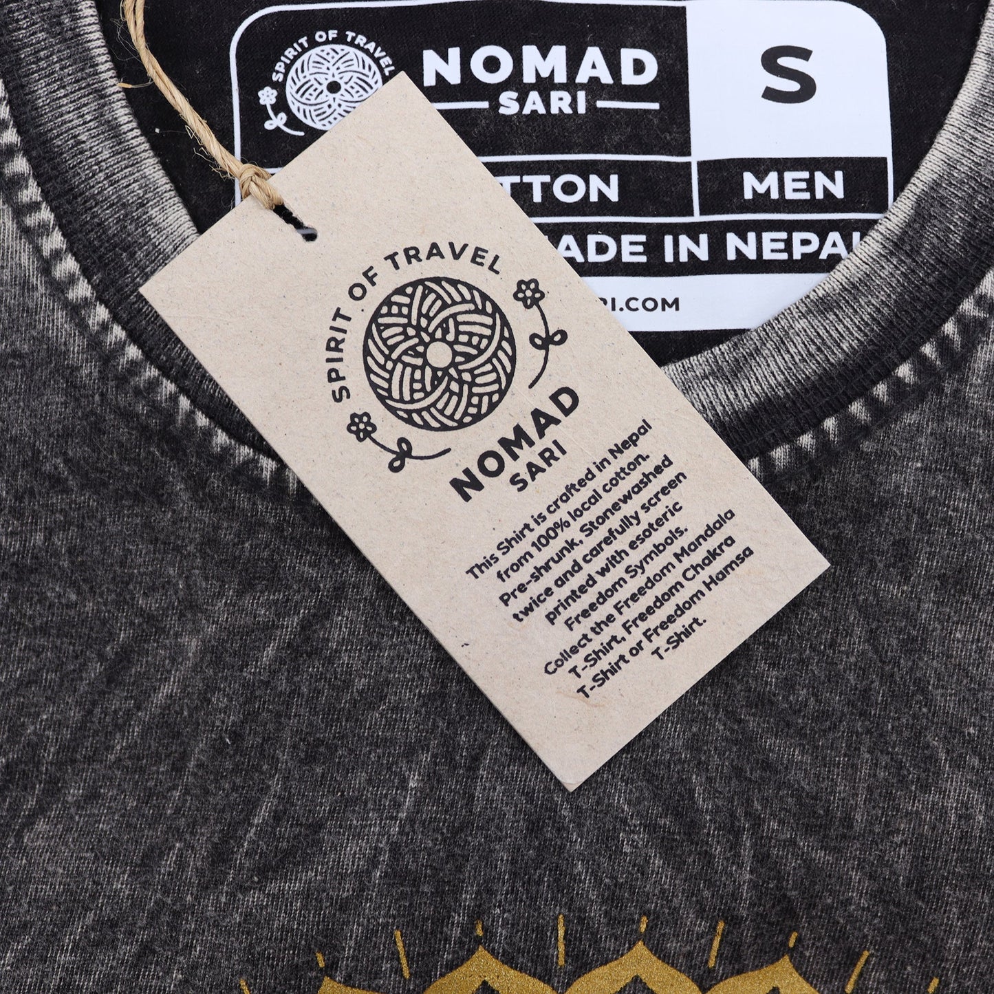 Nomad Sari Unisex Eco-Friendly 100% Cotton Stone Washed T-Shirt - Small / Unisex / Mandala / Dark Grey product packaging on clean background from Quintessential Holistic Health Ltd